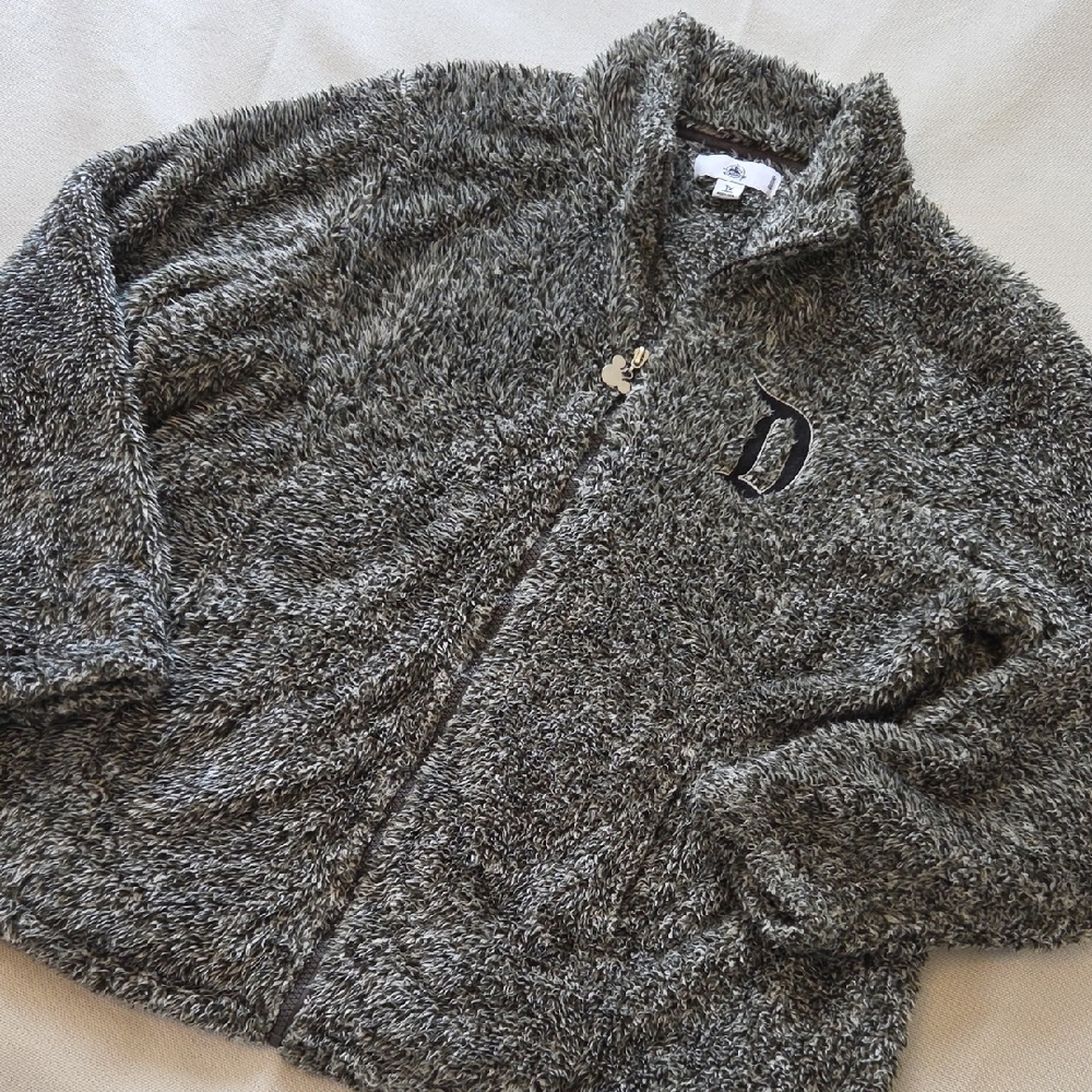 Disney Parks Womens Fuzzy Grey Black White Jacket with Monogram D Zip Up 1x